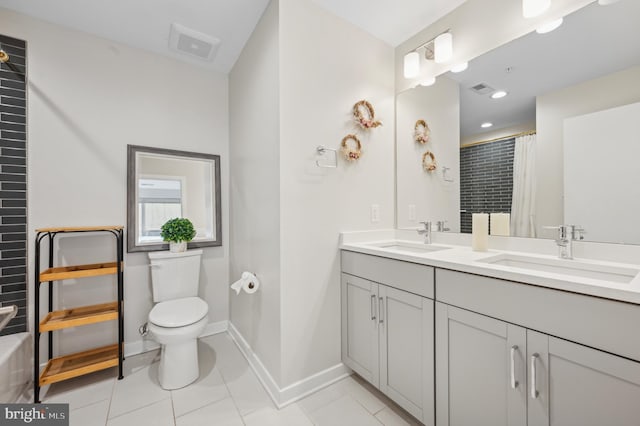 bathroom with toilet, a shower with shower curtain, tile patterned flooring, and vanity