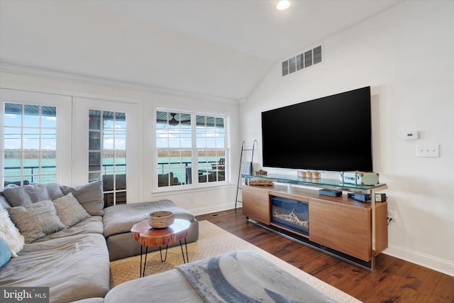 living room featuring dark hardwood / wood-style floors, a water view, and vaulted ceiling