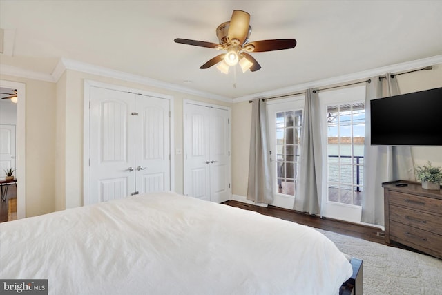 bedroom featuring access to exterior, ceiling fan, dark hardwood / wood-style floors, two closets, and ornamental molding