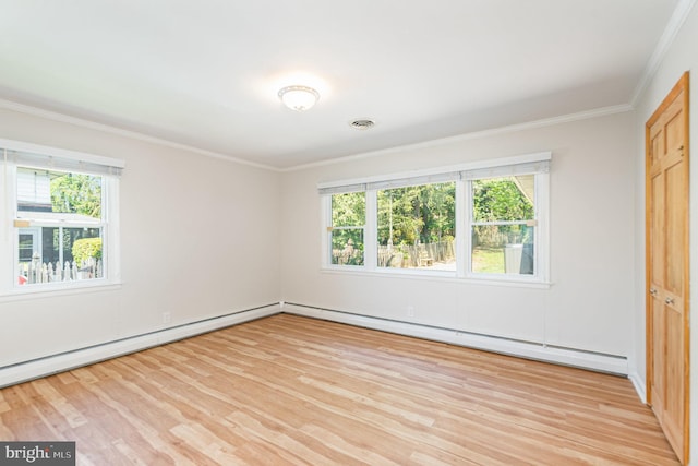 939 Starbit Rd, Towson, MD 21286 - unfurnished bedroom with ornamental molding, multiple windows, light wood-style flooring, and a baseboard radiator