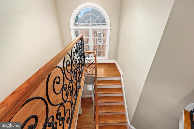 stairway with hardwood / wood-style floors