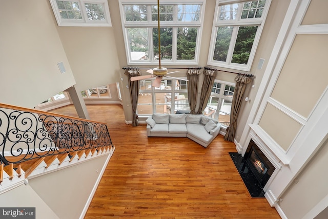 living room featuring hardwood / wood-style floors and a high ceiling