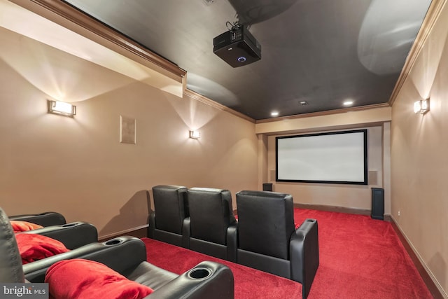 carpeted cinema featuring crown molding