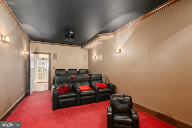 carpeted cinema with crown molding