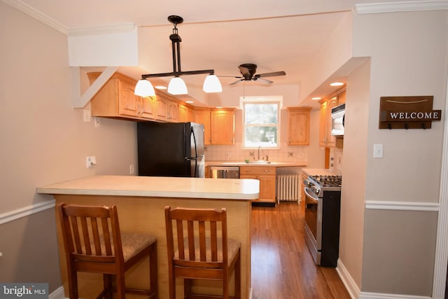 kitchen featuring light brown cabinets, radiator, decorative backsplash, appliances with stainless steel finishes, and kitchen peninsula