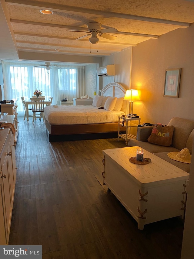 bedroom featuring beamed ceiling, dark hardwood / wood-style flooring, and ceiling fan