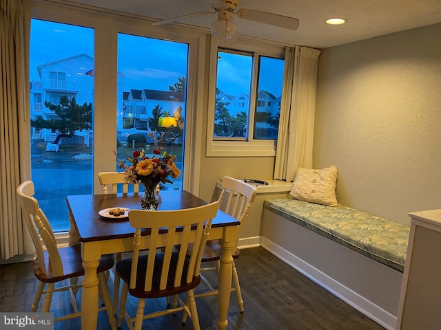 dining space with dark hardwood / wood-style floors and ceiling fan