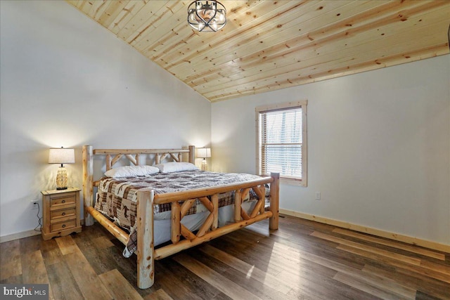 bedroom featuring vaulted ceiling, wood ceiling, and dark hardwood / wood-style floors