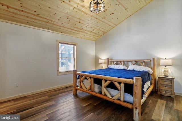 bedroom with dark wood-type flooring, lofted ceiling, and wood ceiling