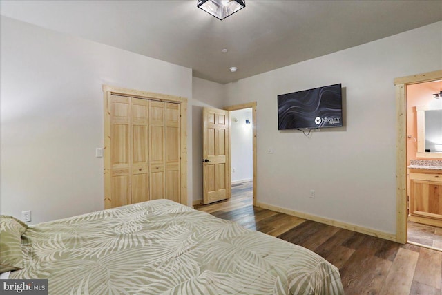 bedroom featuring a closet, ensuite bathroom, and dark hardwood / wood-style floors