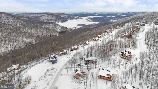 snowy aerial view with a mountain view