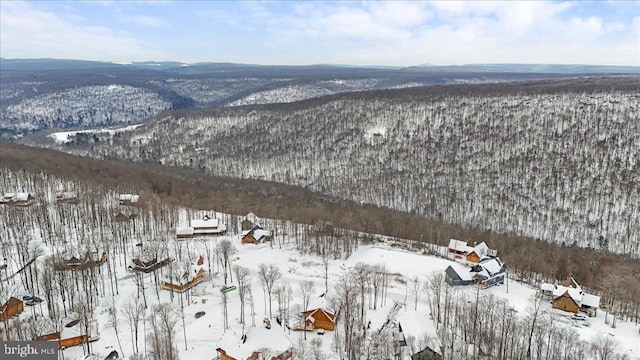 snowy aerial view with a mountain view