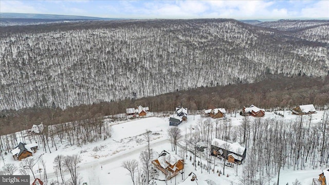 snowy aerial view with a mountain view