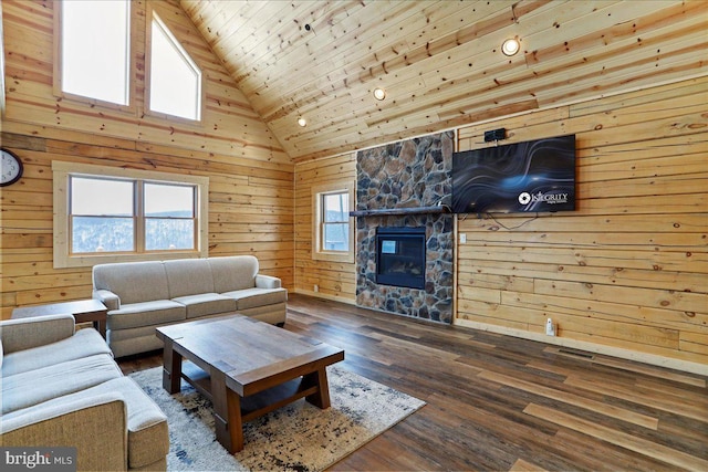 living room with wooden ceiling, hardwood / wood-style flooring, wooden walls, and high vaulted ceiling