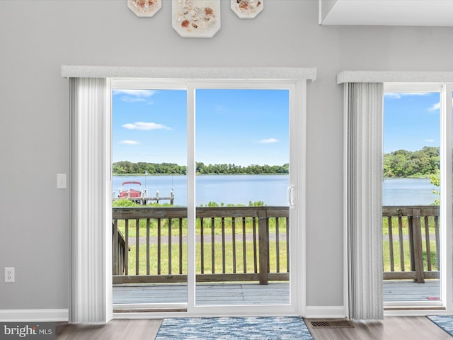 entryway with light wood-type flooring, a water view, and a healthy amount of sunlight