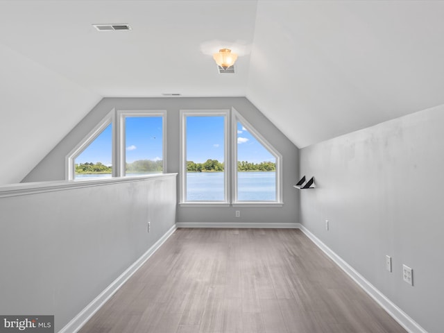 additional living space featuring light wood-type flooring, a water view, and vaulted ceiling