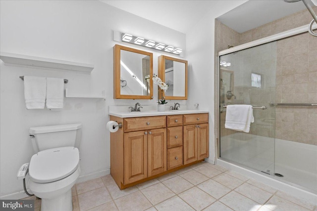 bathroom featuring tile patterned flooring, vanity, a shower with door, and toilet