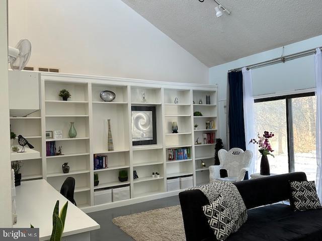 interior space with track lighting, lofted ceiling, and a textured ceiling