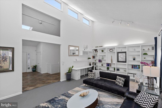 living room featuring a textured ceiling and a high ceiling