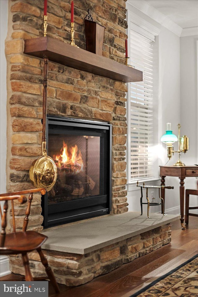 details featuring ornamental molding, a stone fireplace, and hardwood / wood-style floors