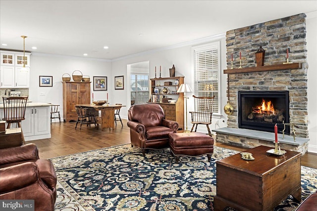 living room with crown molding, wood-type flooring, and a fireplace