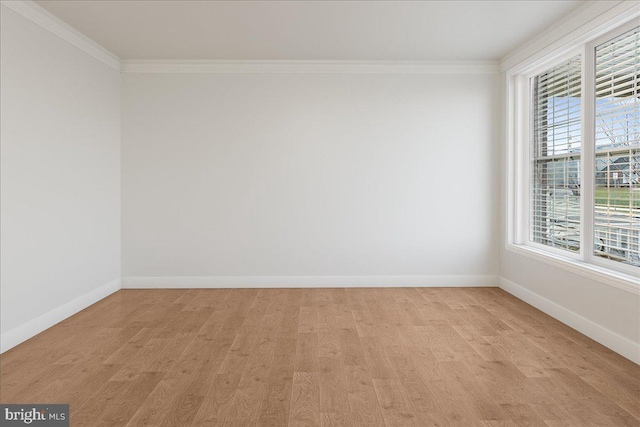 empty room with crown molding and light hardwood / wood-style flooring