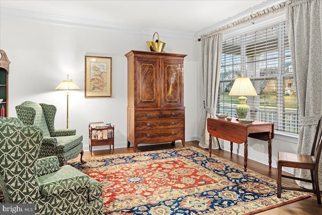 living area with ornamental molding, wood-type flooring, and a wealth of natural light