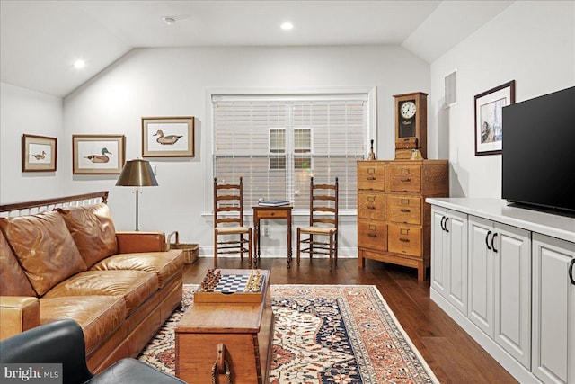 living room with vaulted ceiling and dark wood-type flooring