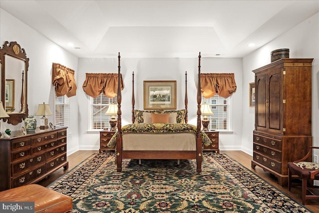 bedroom featuring multiple windows, a tray ceiling, and hardwood / wood-style flooring