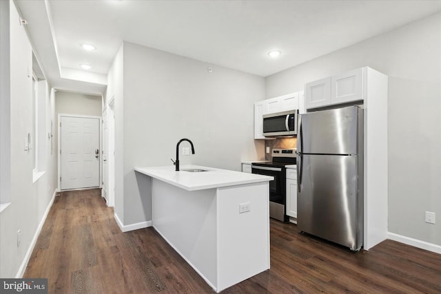 kitchen with kitchen peninsula, dark hardwood / wood-style flooring, stainless steel appliances, sink, and white cabinets