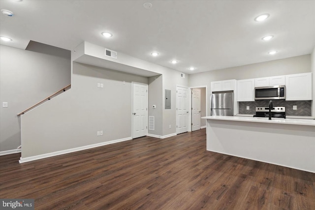 kitchen featuring appliances with stainless steel finishes, tasteful backsplash, dark wood-type flooring, electric panel, and white cabinetry