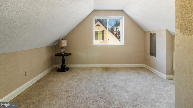 additional living space with a textured ceiling, vaulted ceiling, and carpet flooring