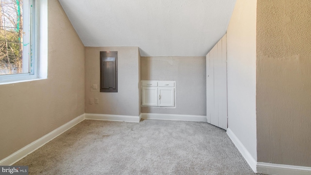 carpeted empty room with electric panel and lofted ceiling