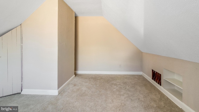 additional living space with a textured ceiling, light colored carpet, and vaulted ceiling