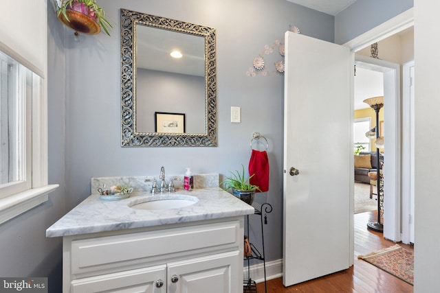 bathroom featuring wood-type flooring and vanity