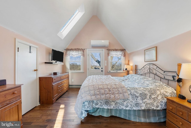 bedroom featuring vaulted ceiling, dark hardwood / wood-style flooring, and a wall mounted air conditioner