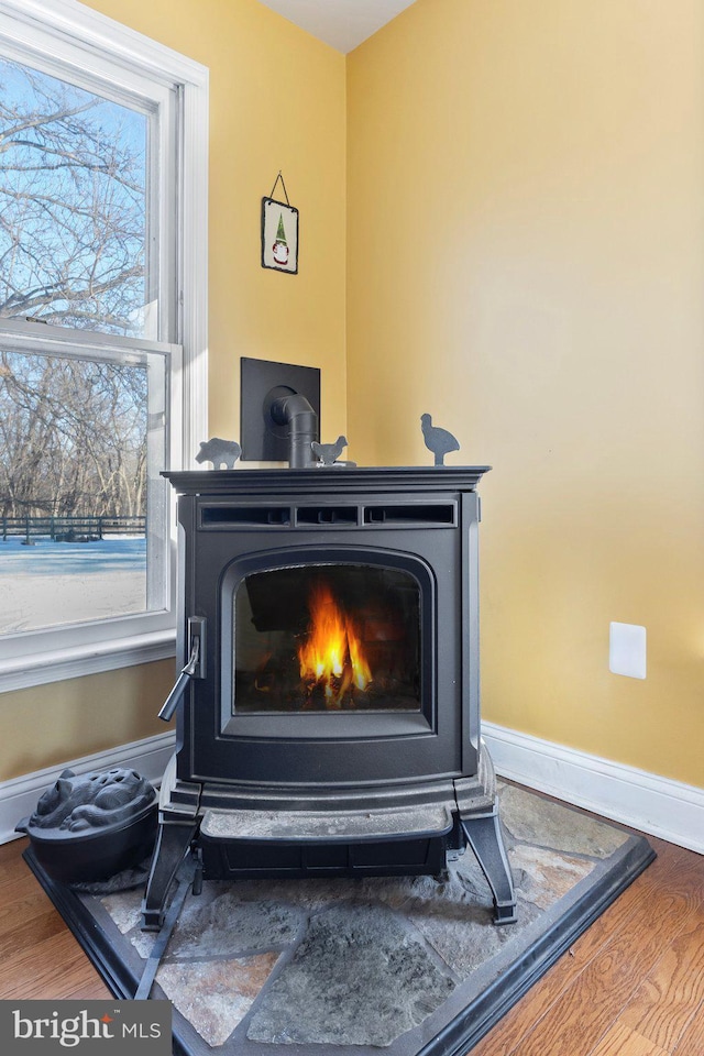 interior details featuring a wood stove and hardwood / wood-style floors