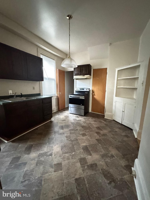 106 S Overbrook Ave, Trenton, NJ 08618 - kitchen with stainless steel electric range, dark stone finish floors, built in shelves, and hanging light fixtures