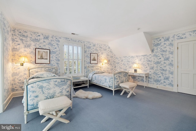 carpeted bedroom with ornamental molding