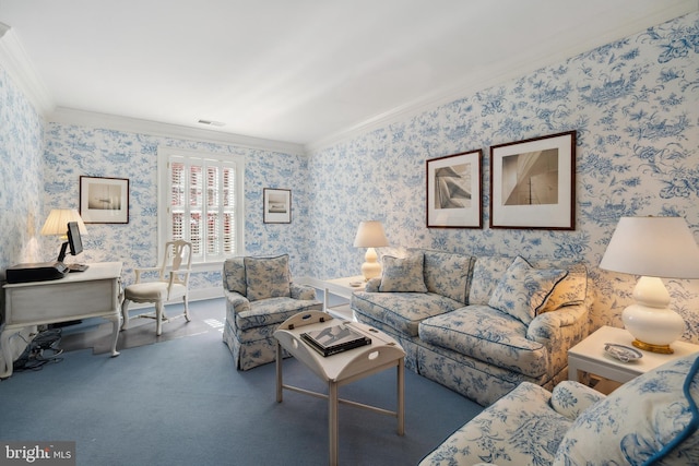 living room with crown molding and carpet flooring