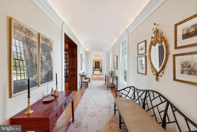 hall with ornamental molding, light hardwood / wood-style flooring, and a wealth of natural light