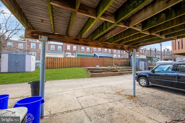 view of patio / terrace featuring a shed