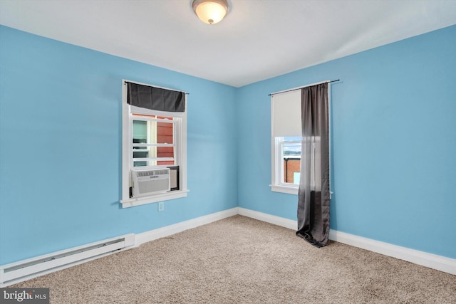 unfurnished room featuring carpet, baseboard heating, and cooling unit