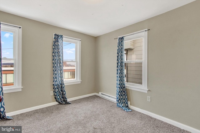 unfurnished room featuring carpet flooring and baseboard heating