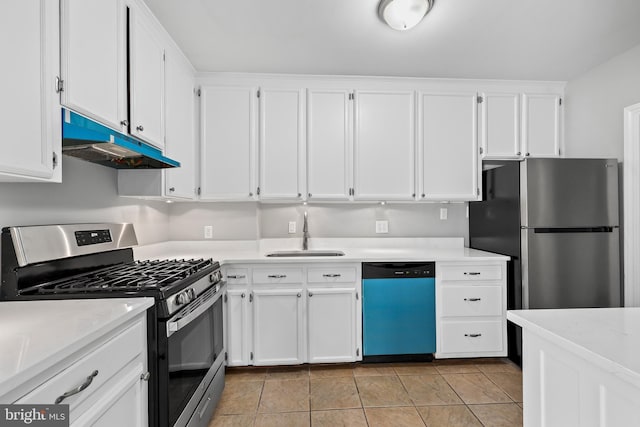 kitchen with white cabinets, under cabinet range hood, stainless steel appliances, and a sink