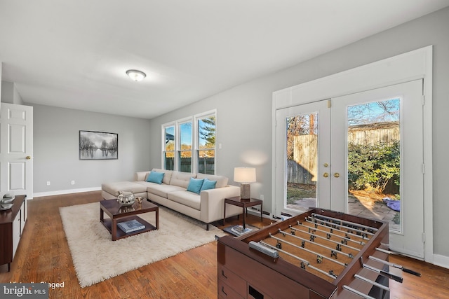 living room featuring baseboards, wood finished floors, and french doors