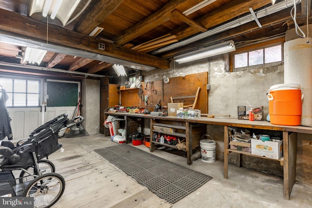 basement featuring a workshop area and a healthy amount of sunlight