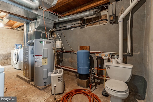 utility room with water heater and washer and clothes dryer