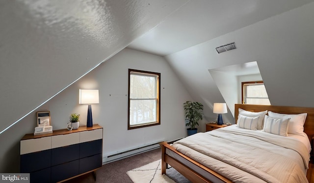 carpeted bedroom with multiple windows, vaulted ceiling, and baseboard heating