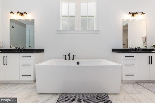 bathroom with separate shower and tub and vanity